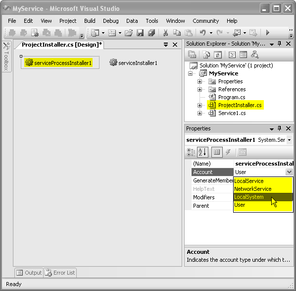 Service Process Installer – Properties